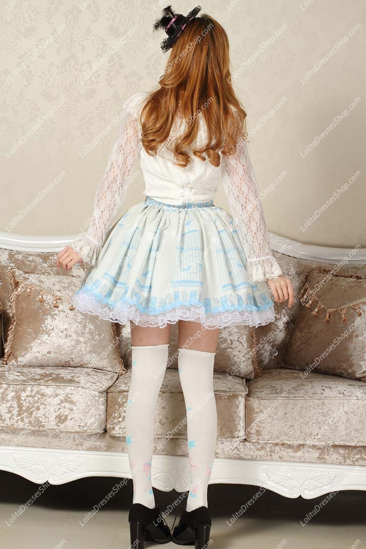 Sky Blue Nightingale Printed Bowknot Sweet Lolita Skirt