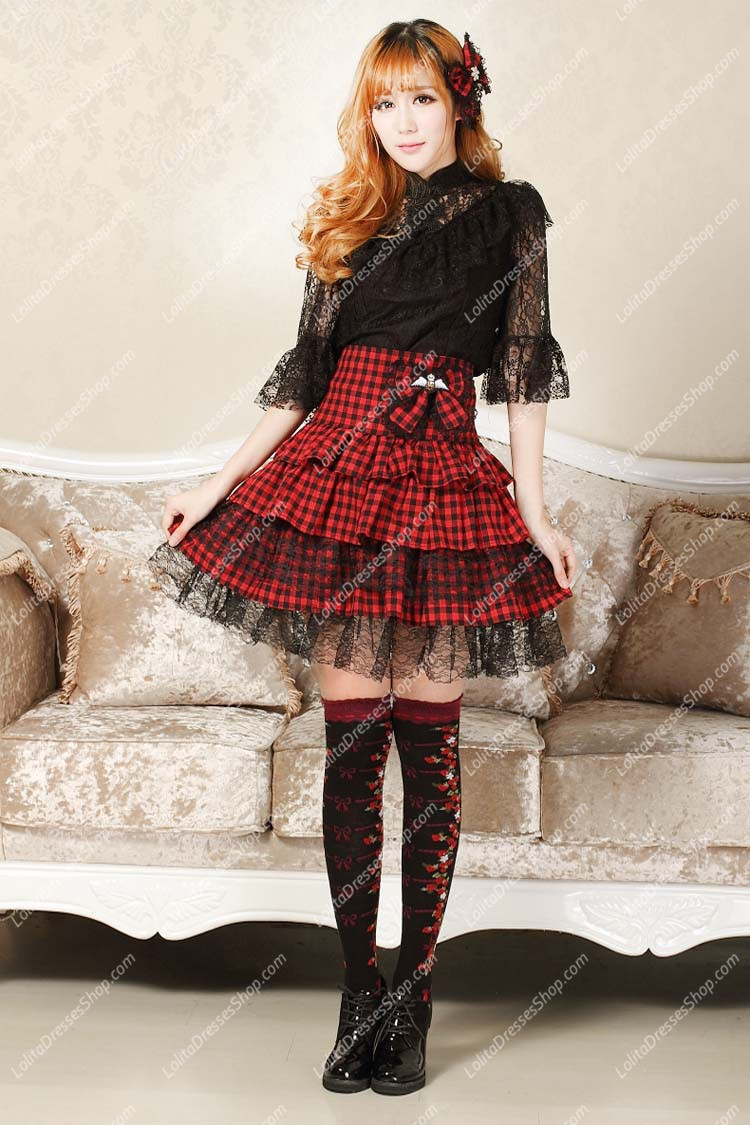 Punk Red High Waist Lattice Lolita Skirt