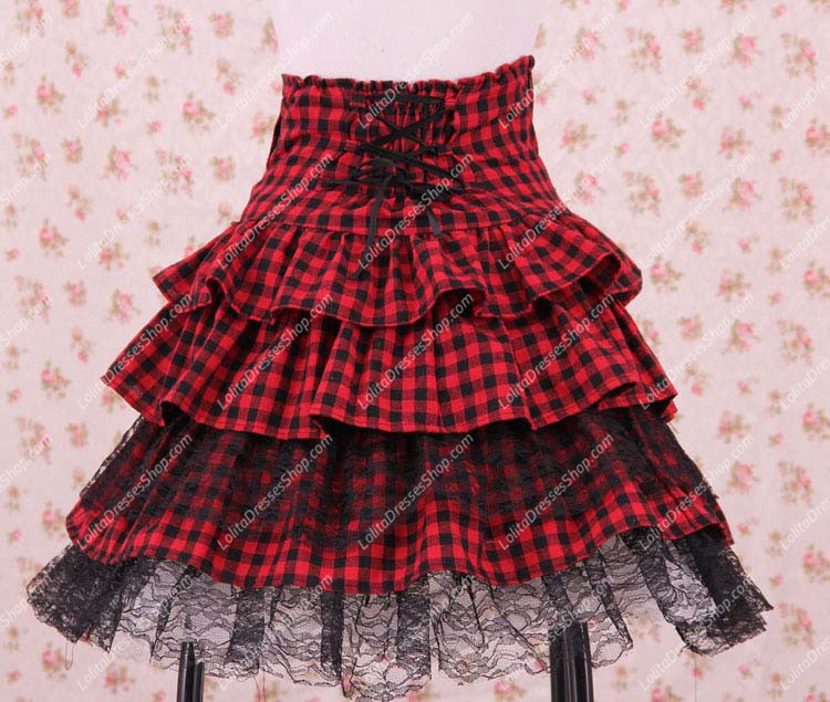 Punk Red High Waist Lattice Lolita Skirt