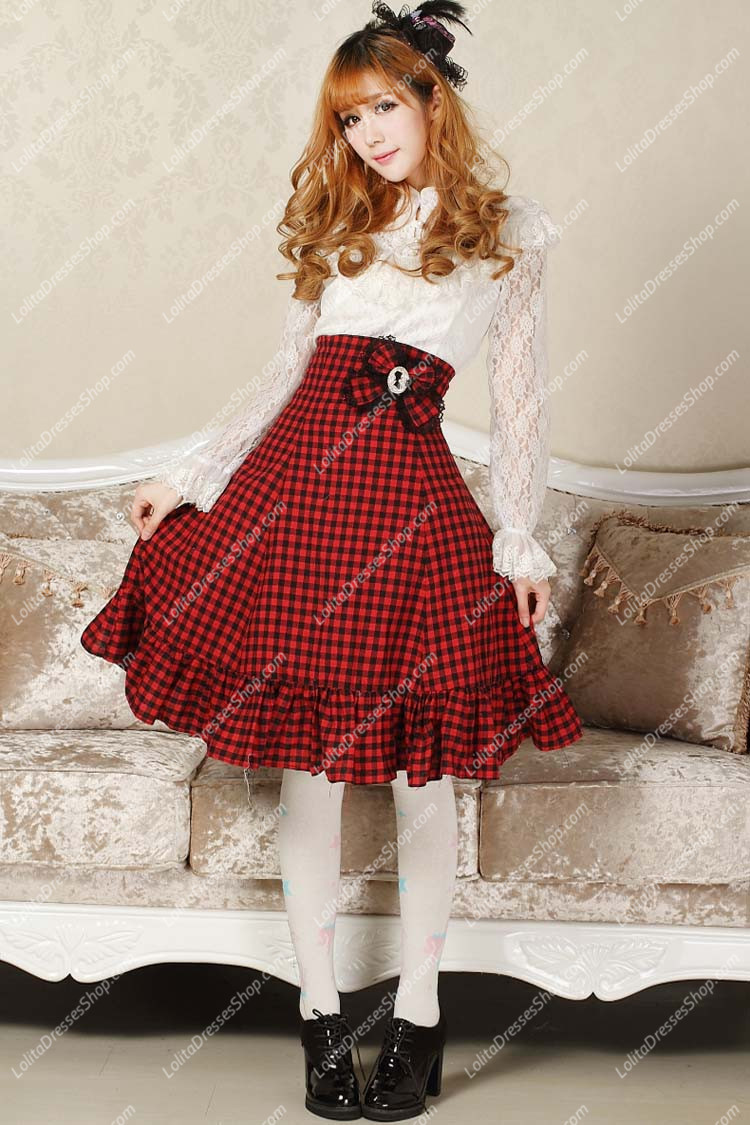 Sweet Red High Waist Lattice with Bowknot Lolita Skirt