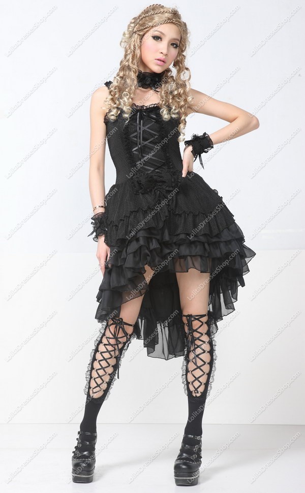 Black Lace Straps Sleeveless Lace Trim Punk Lolita Dress