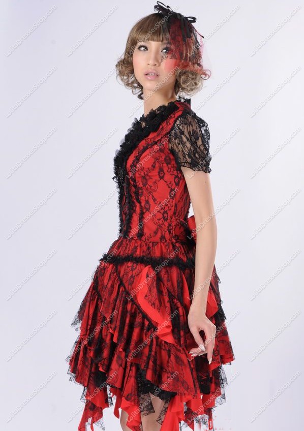 Gorgeous Black Lace Asymmetric Flounced Princess Punk Lolita Dress