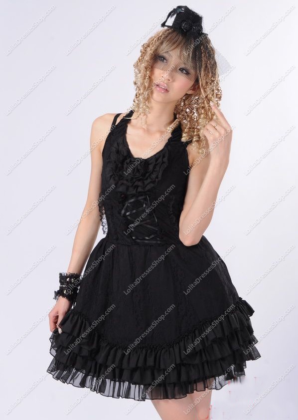 Black Lace Straps Sleeveless Flouncing Punk Lolita Dress