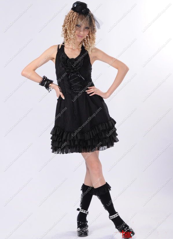Black Lace Straps Sleeveless Flouncing Punk Lolita Dress