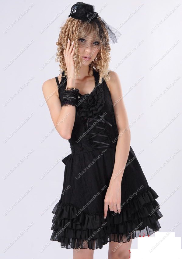 Black Lace Straps Sleeveless Flouncing Punk Lolita Dress