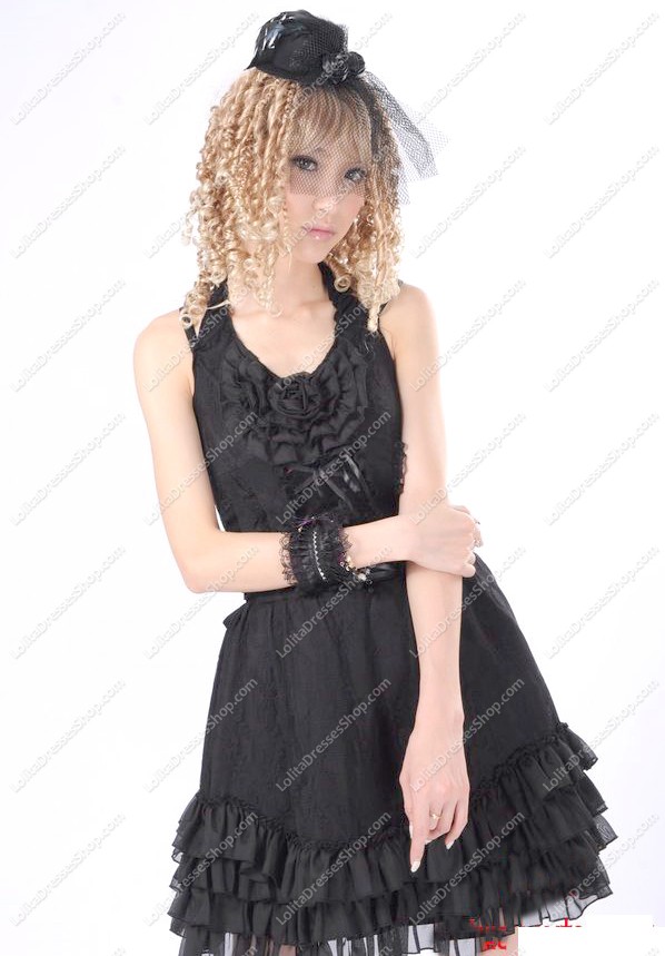 Black Lace Straps Sleeveless Flouncing Punk Lolita Dress