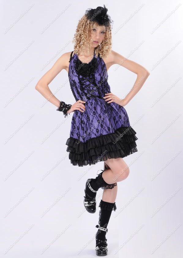 Purple Lace Straps Sleeveless Flouncing Punk Lolita Dress