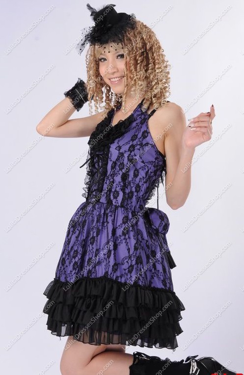 Purple Lace Straps Sleeveless Flouncing Punk Lolita Dress