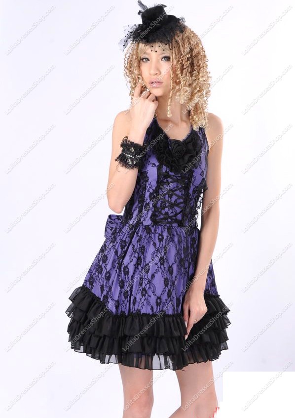 Purple Lace Straps Sleeveless Flouncing Punk Lolita Dress