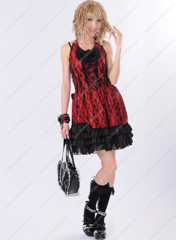 Red Lace Straps Sleeveless Flouncing Punk Lolita Dress