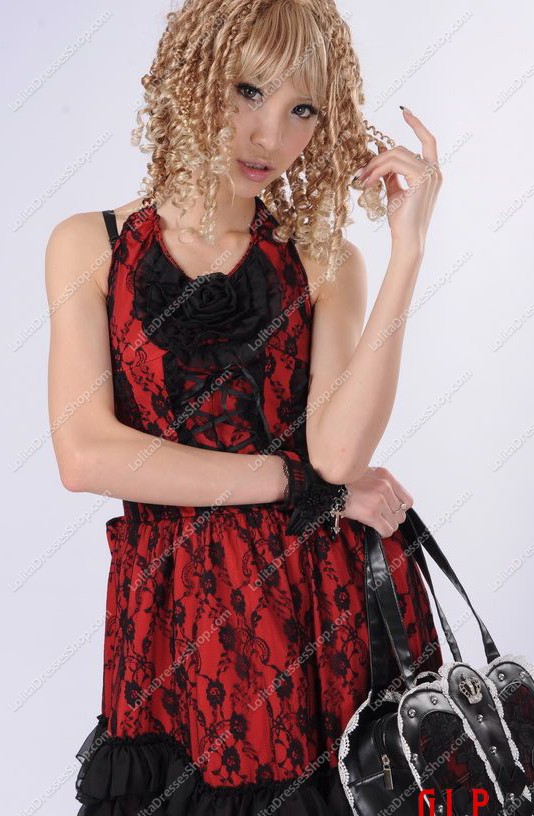 Red Lace Straps Sleeveless Flouncing Punk Lolita Dress