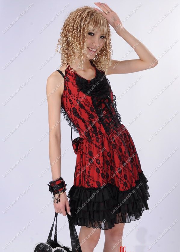 Red Lace Straps Sleeveless Flouncing Punk Lolita Dress