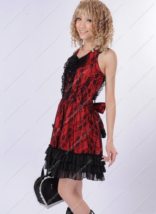 Red Lace Straps Sleeveless Flouncing Punk Lolita Dress