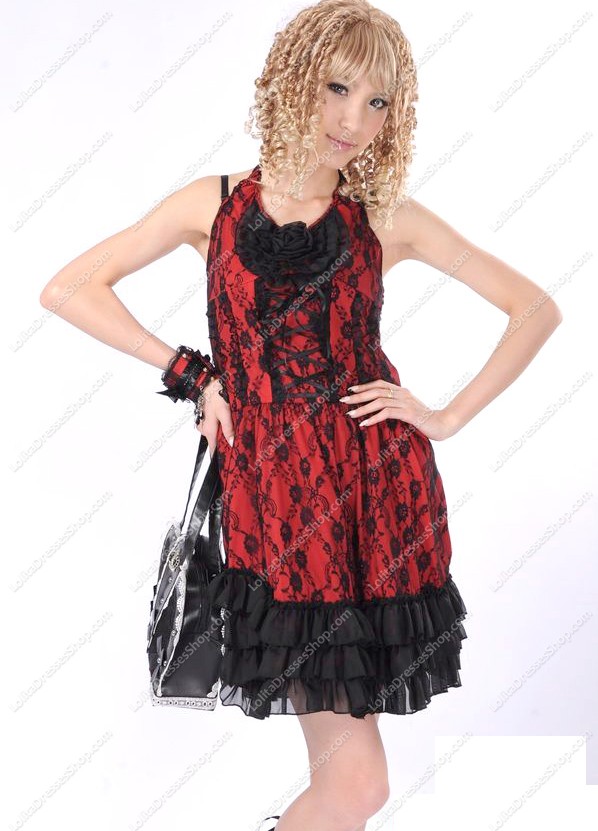 Red Lace Straps Sleeveless Flouncing Punk Lolita Dress
