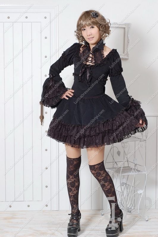 Elegant Black Round Neck Long Sleeves Lace Trim Punk Lolita Dress