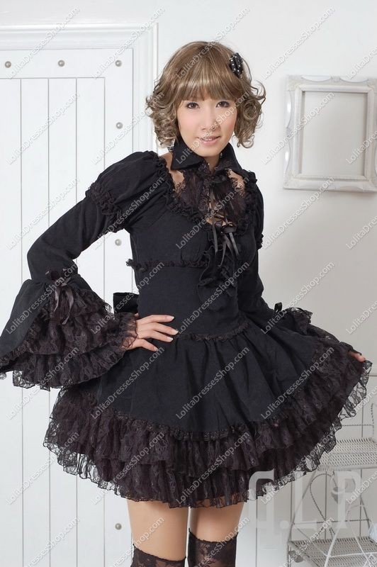 Elegant Black Round Neck Long Sleeves Lace Trim Punk Lolita Dress