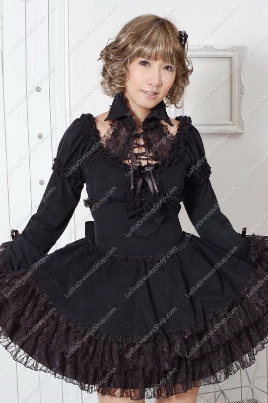 Elegant Black Round Neck Long Sleeves Lace Trim Punk Lolita Dress