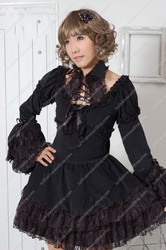 Elegant Black Round Neck Long Sleeves Lace Trim Punk Lolita Dress