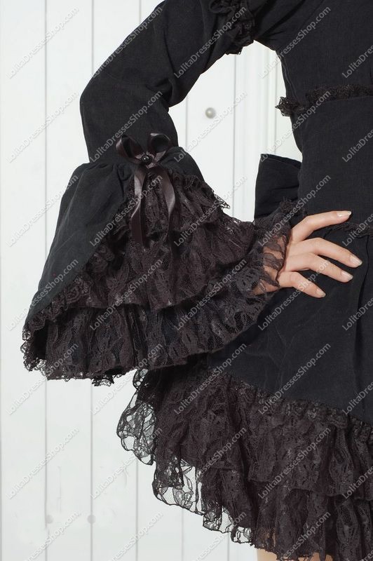 Elegant Black Round Neck Long Sleeves Lace Trim Punk Lolita Dress