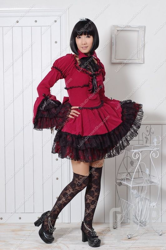 Elegant Red Round Neck Long Sleeves Lace Trim Punk Lolita Dress