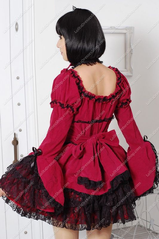 Elegant Red Round Neck Long Sleeves Lace Trim Punk Lolita Dress