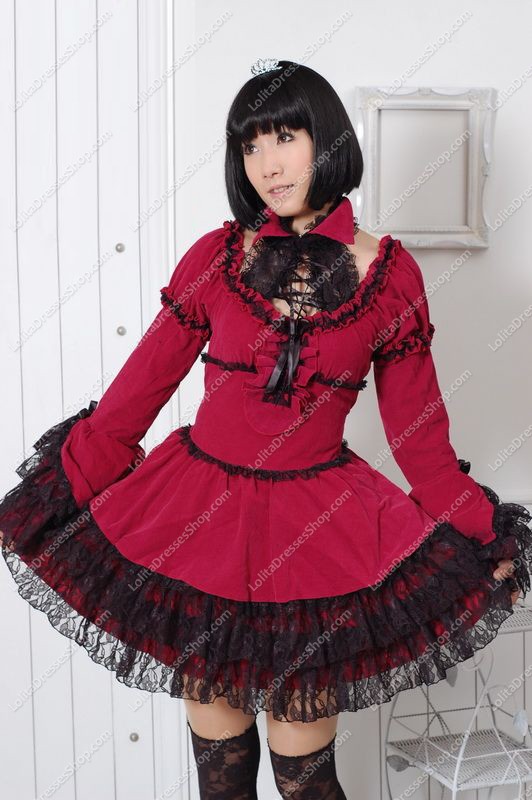 Elegant Red Round Neck Long Sleeves Lace Trim Punk Lolita Dress