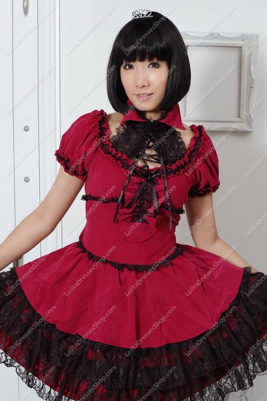 Elegant Red Round Neck Long Sleeves Lace Trim Punk Lolita Dress