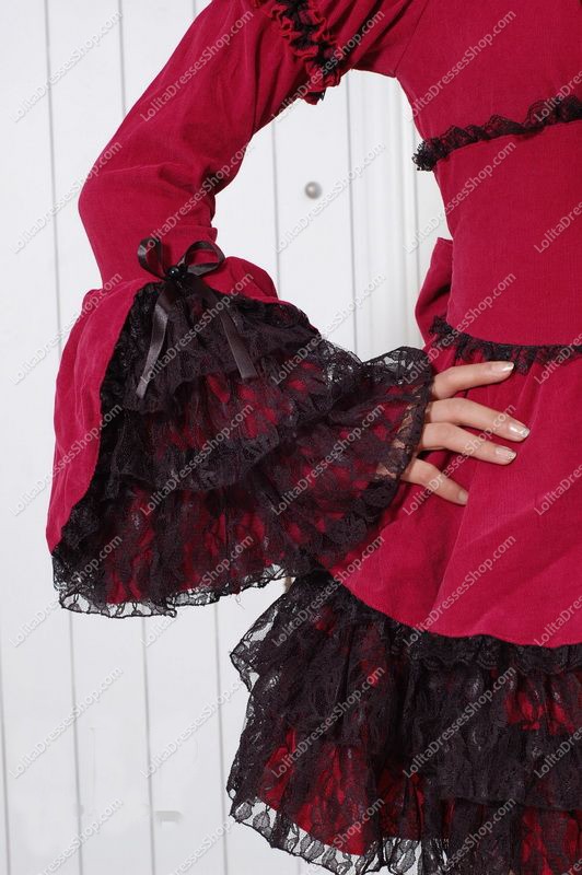 Elegant Red Round Neck Long Sleeves Lace Trim Punk Lolita Dress