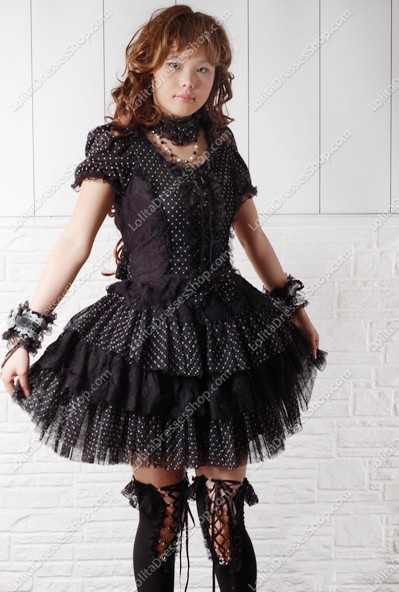 Sweet Puff Black Wave Point Punk Lolita Dress