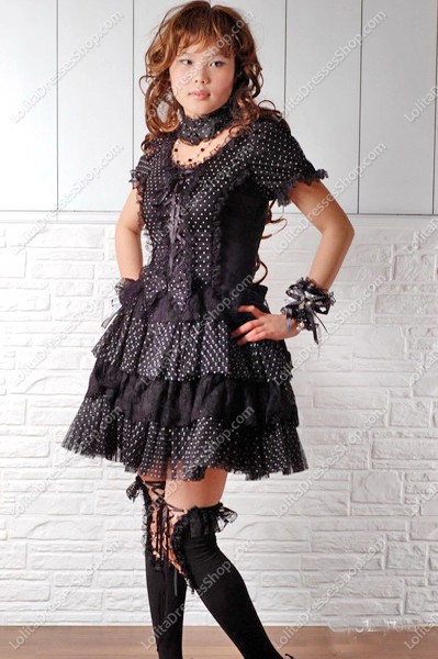 Sweet Puff Black Wave Point Punk Lolita Dress