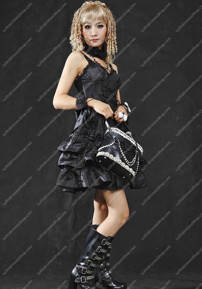 Black Chiffon Straps Sleeveless Punk Lolita Dress