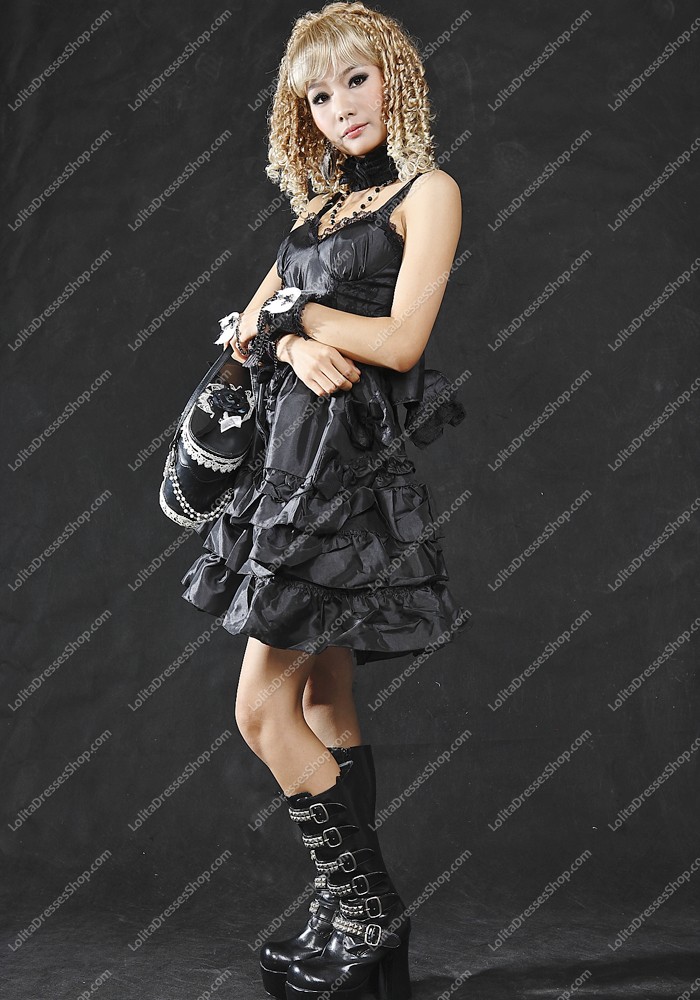 Black Chiffon Straps Sleeveless Punk Lolita Dress