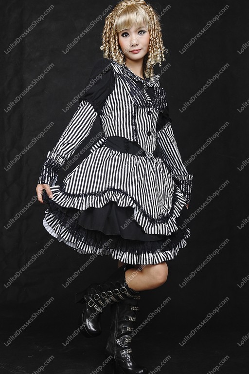 Sweet Black and White Stripe Sets Punk Lolita Dress