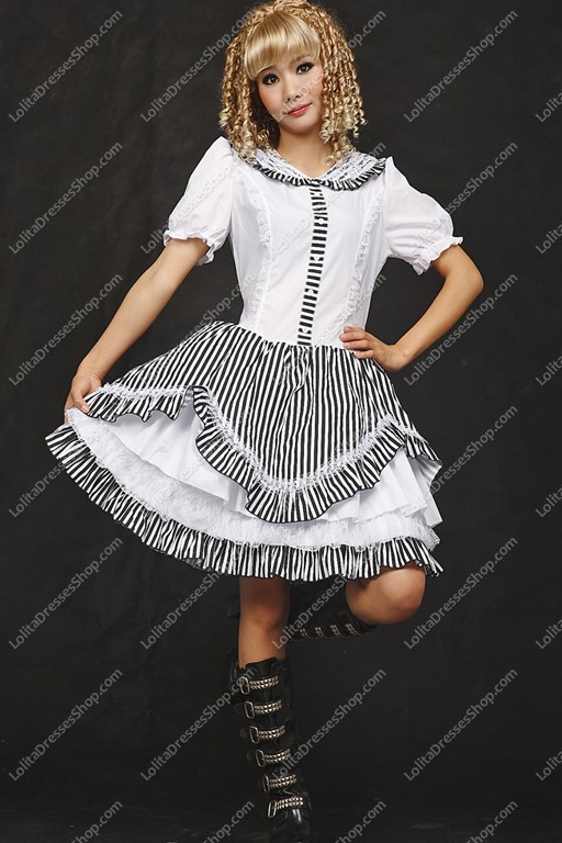 Elegant Black and White Stripe Sets Punk Lolita Dress