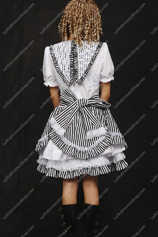 Elegant Black and White Stripe Sets Punk Lolita Dress