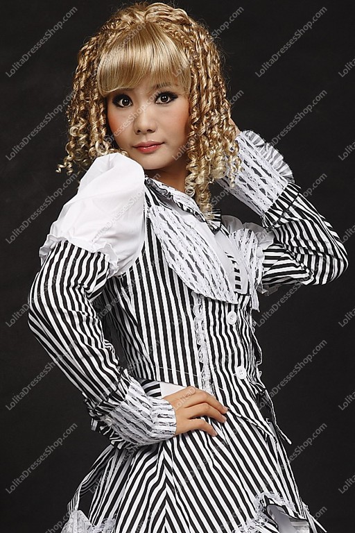 Elegant Black and White Stripe Sets Punk Lolita Dress