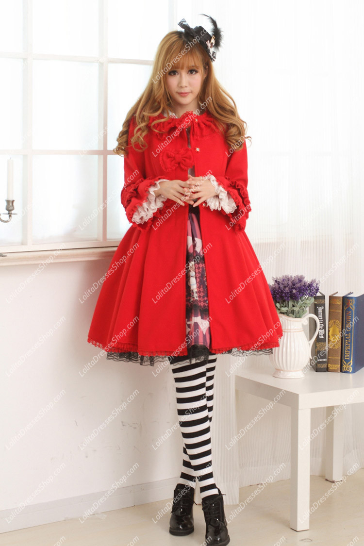 Red Doll Collar Long Sleeves Slim Bowknot Lolita Coat