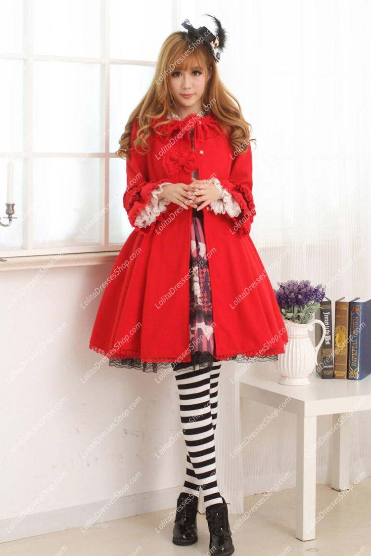 Red Doll Collar Long Sleeves Slim Bowknot Lolita Coat