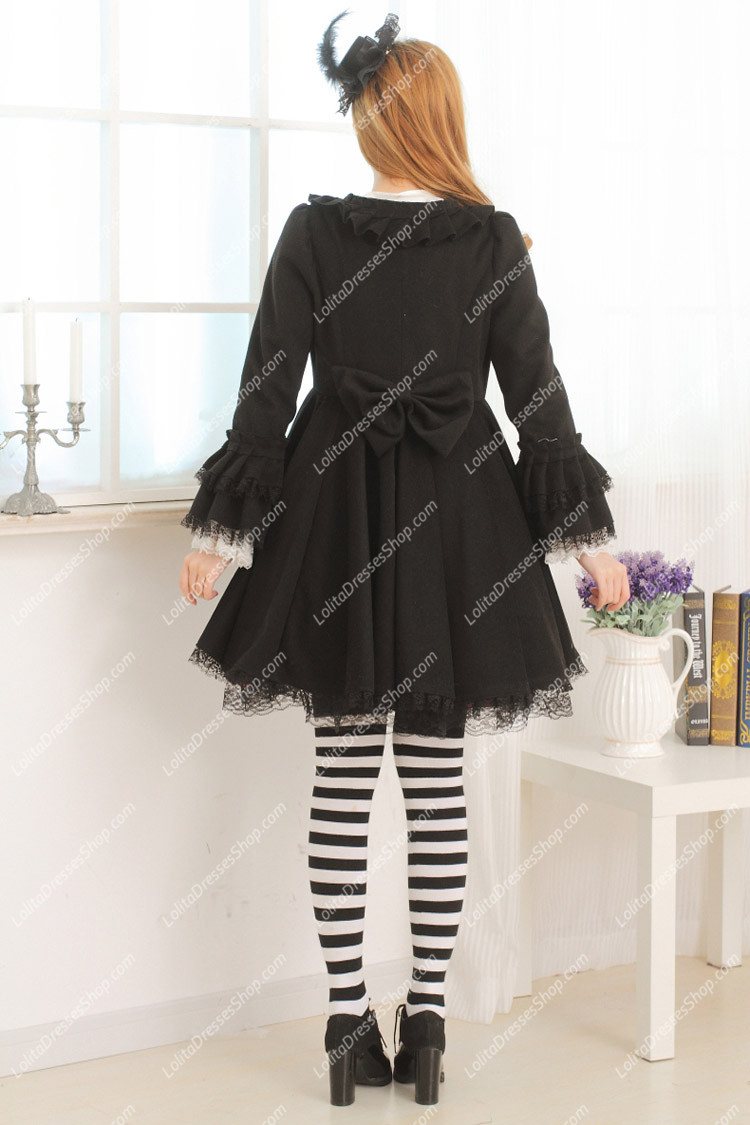 Black Doll Collar Long Sleeves Slim Bowknot Lolita Coat