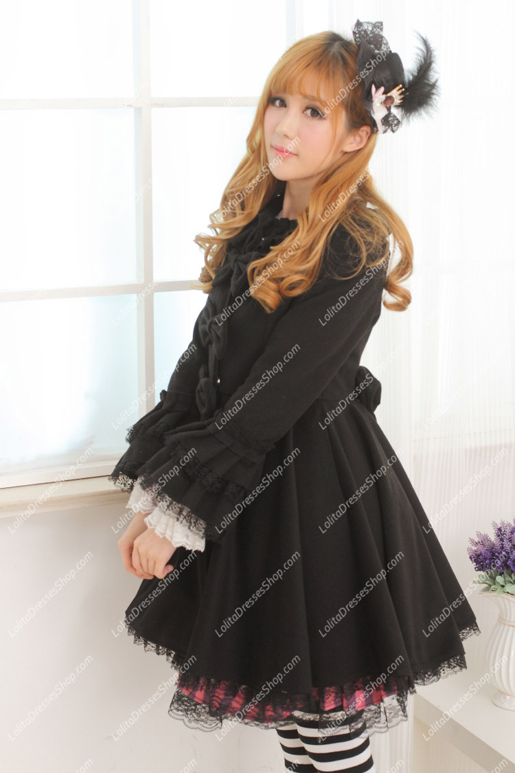 Black Doll Collar Long Sleeves Slim Bowknot Lolita Coat