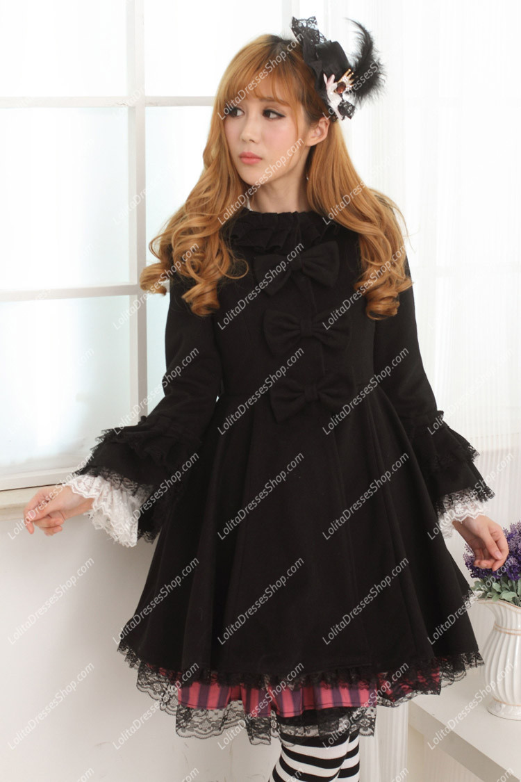 Black Doll Collar Long Sleeves Slim Bowknot Lolita Coat