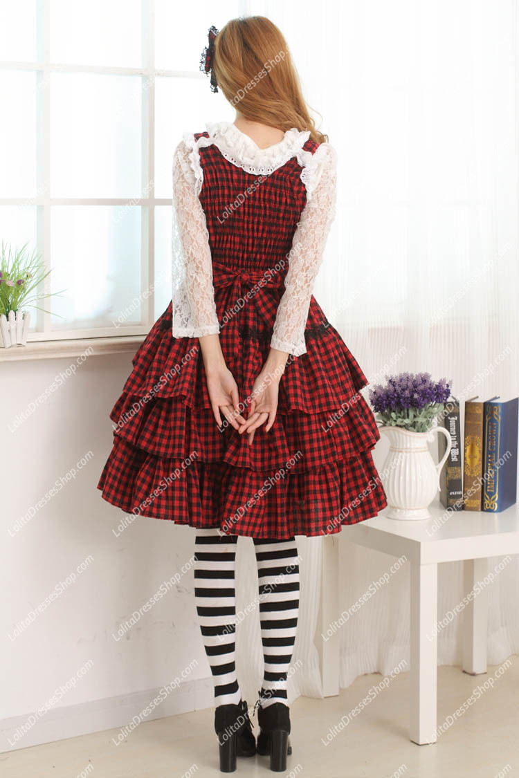 College Style Red and Black Lattice Multilayer Sweet Lolita Dress