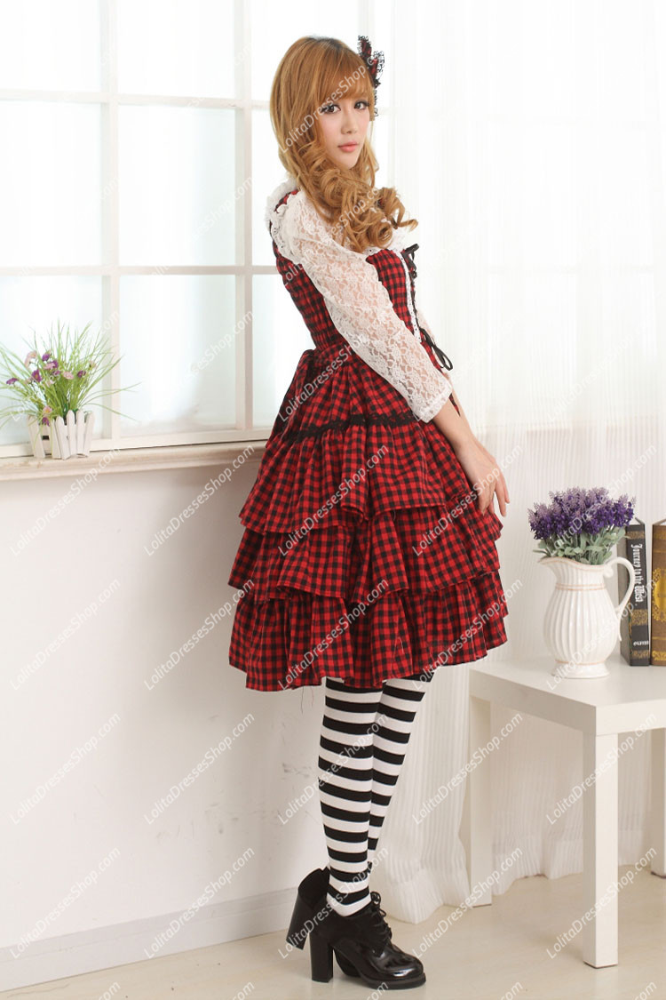 College Style Red and Black Lattice Multilayer Sweet Lolita Dress