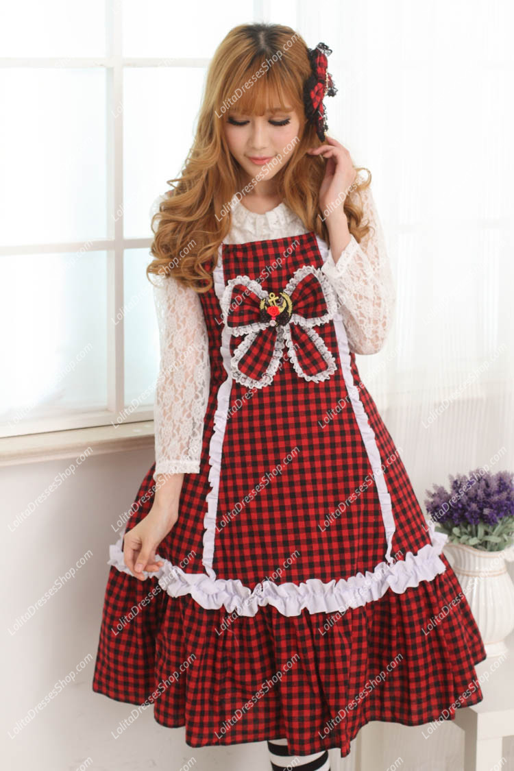 College Style Red and Black Lattice Flouncing Sweet Lolita Dress