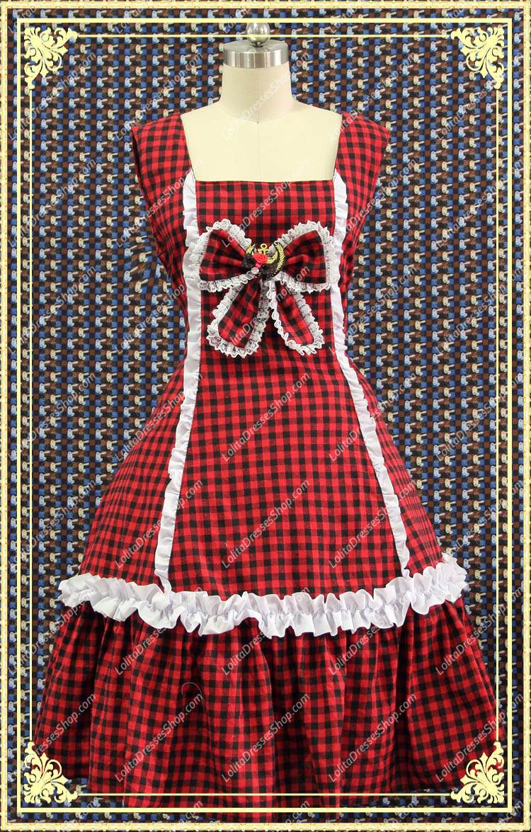 College Style Red and Black Lattice Flouncing Sweet Lolita Dress