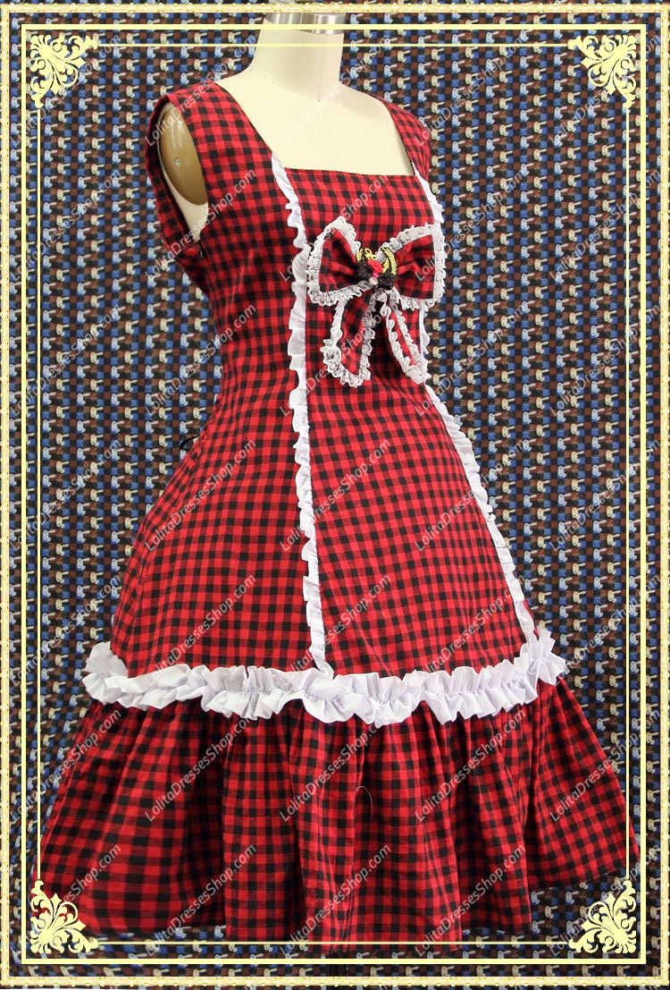 College Style Red and Black Lattice Flouncing Sweet Lolita Dress