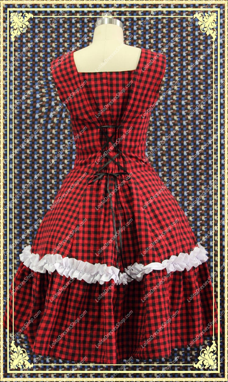 College Style Red and Black Lattice Flouncing Sweet Lolita Dress