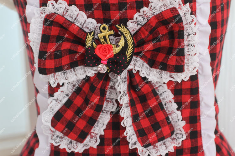 College Style Red and Black Lattice Flouncing Sweet Lolita Dress