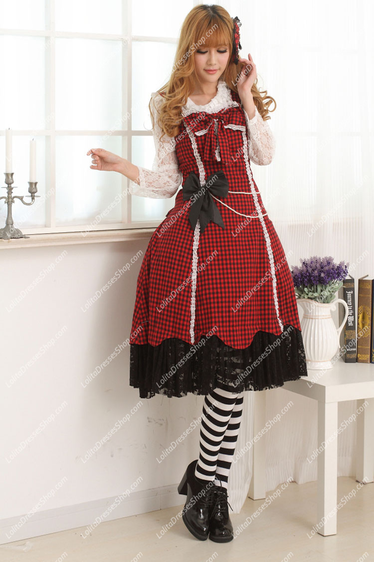 College Style Red and Black Lace Hem Sweet Lolita Dress