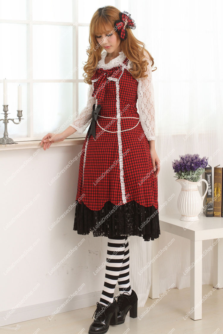 College Style Red and Black Lace Hem Sweet Lolita Dress